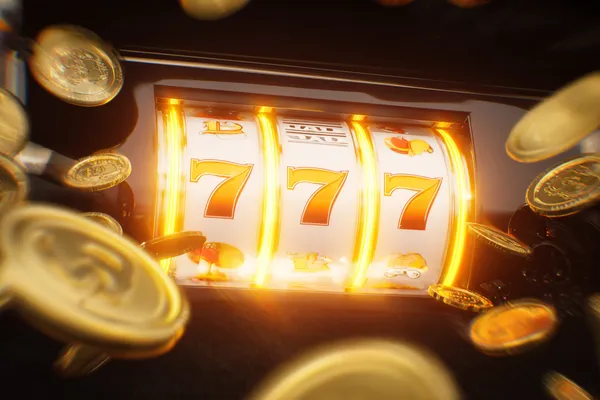 Uma imagem dramática de setes vencedores alinhados em um rolo de slot cercado por moedas douradas brilhantes, simbolizando grandes vitórias.